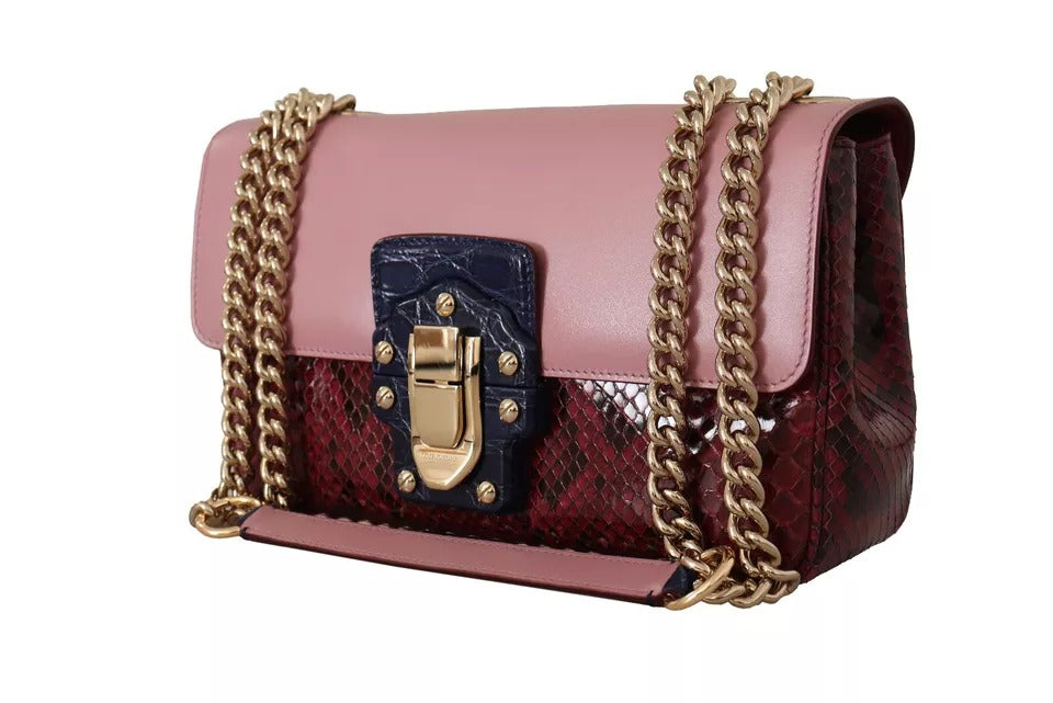 Dolce & Gabbana Pink Red Exotic Skins Gold Chain Wallet LUCIA Leather Bag